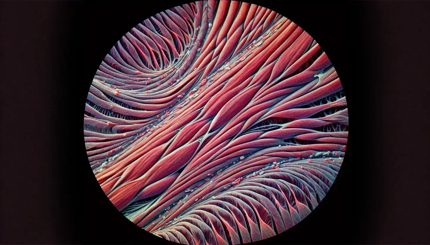 Fibra muscolare striata scheletrica in contrazione al microscopio, con bande chiare I e scure A alternate e linee Z centrali.