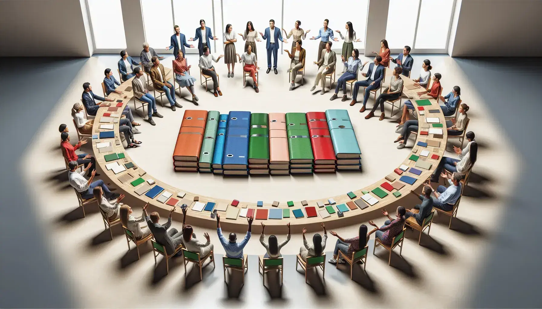Grupo diverso de personas en reunión alrededor de una mesa redonda con documentos, discutiendo en un ambiente iluminado y sin tecnología visible.