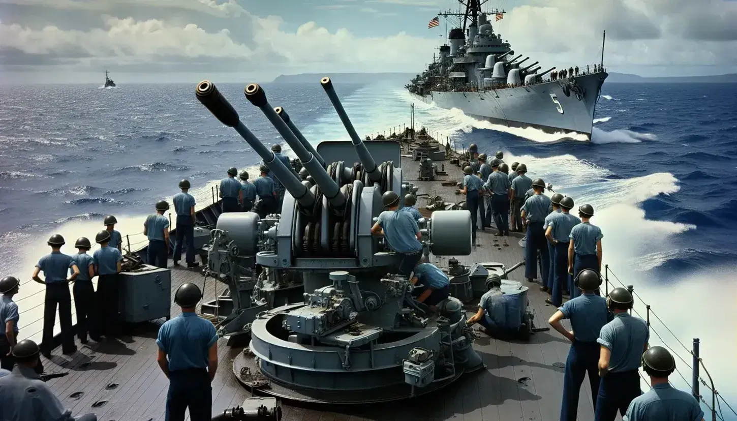 US Navy sailors operate a mounted gun on a destroyer's deck during the Vietnam War, with a second ship sailing nearby on the blue ocean under a pale sky.