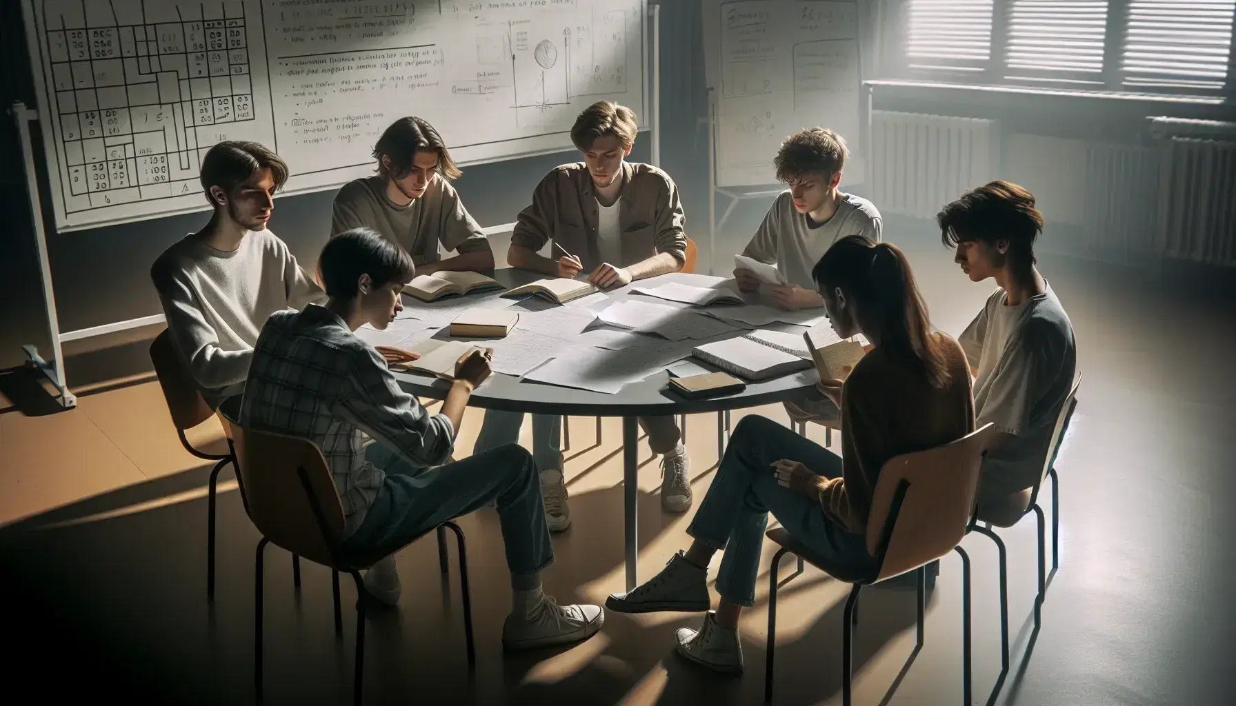 Estudiantes concentrados en trabajo en grupo alrededor de una mesa redonda con papeles y cuadernos en una sala iluminada.