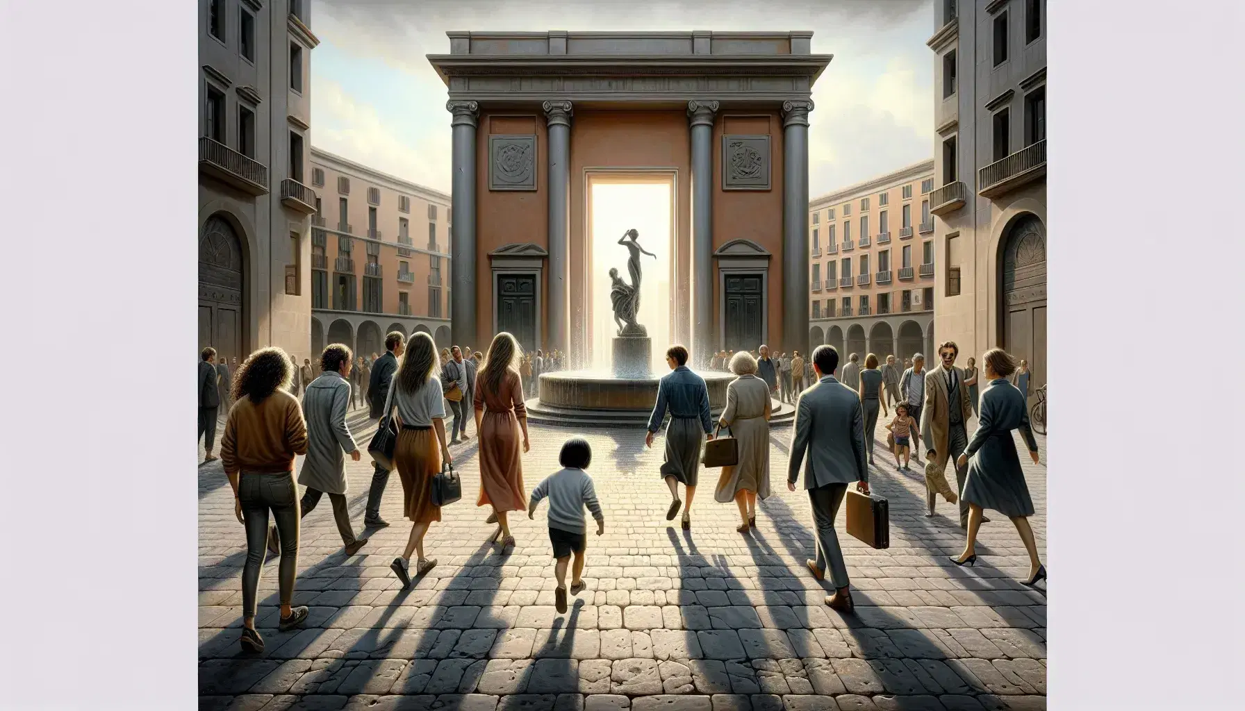 Diverse crowd exiting a terracotta building into a cobblestoned city square with a central fountain, green trees, and a clear blue sky.