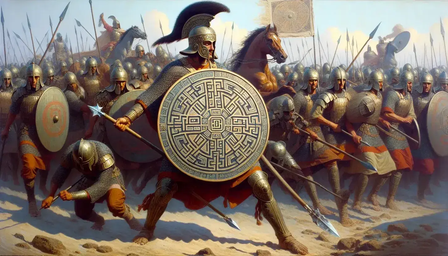 Scena di battaglia antica con guerriero in armatura di bronzo e cresta, scudo rotondo e lancia, cavalli e combattenti sullo sfondo.