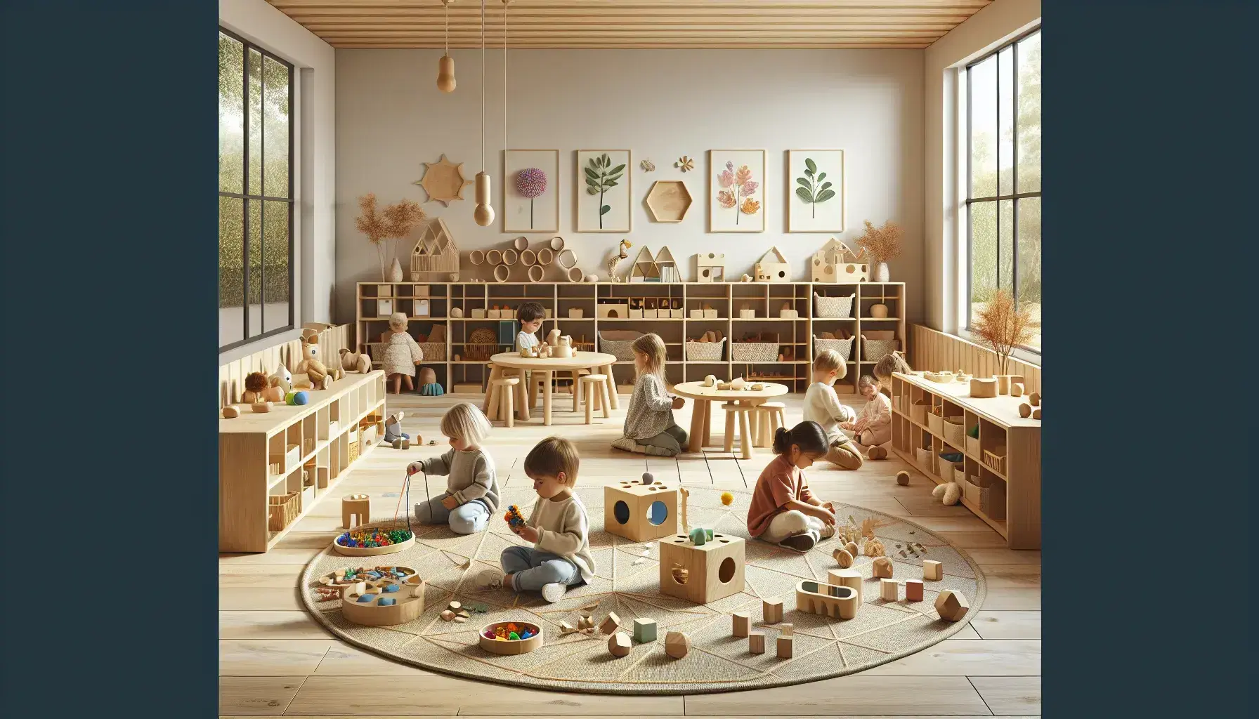 Aula luminosa con niños en actividades educativas, usando bloques geométricos, enhebrando cuentas y clasificando objetos naturales, con estantes de materiales didácticos y mobiliario infantil.