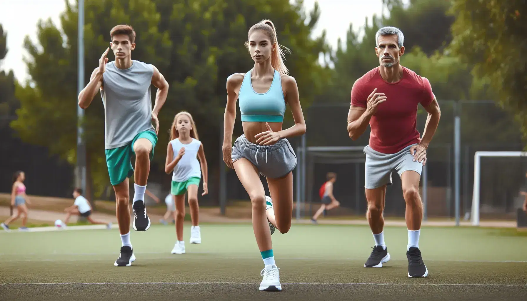 Grupo de tres personas realizando ejercicio al aire libre en un parque, con una mujer joven corriendo, un hombre estirando y un niño jugando con un frisbee.