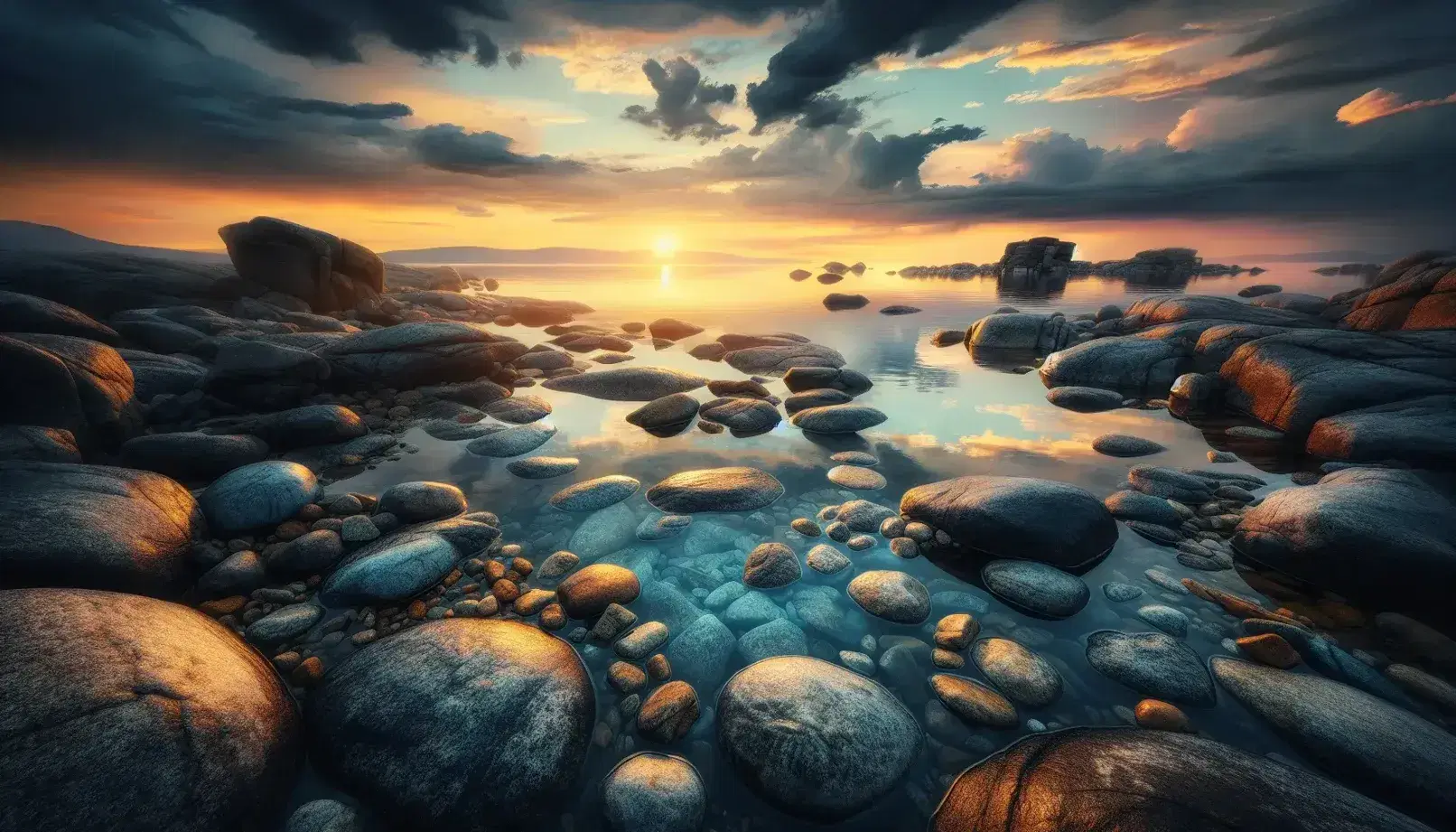 Atardecer sereno en la orilla de un cuerpo de agua con rocas, reflejos dorados y rosados en el agua tranquila y cielo despejado.