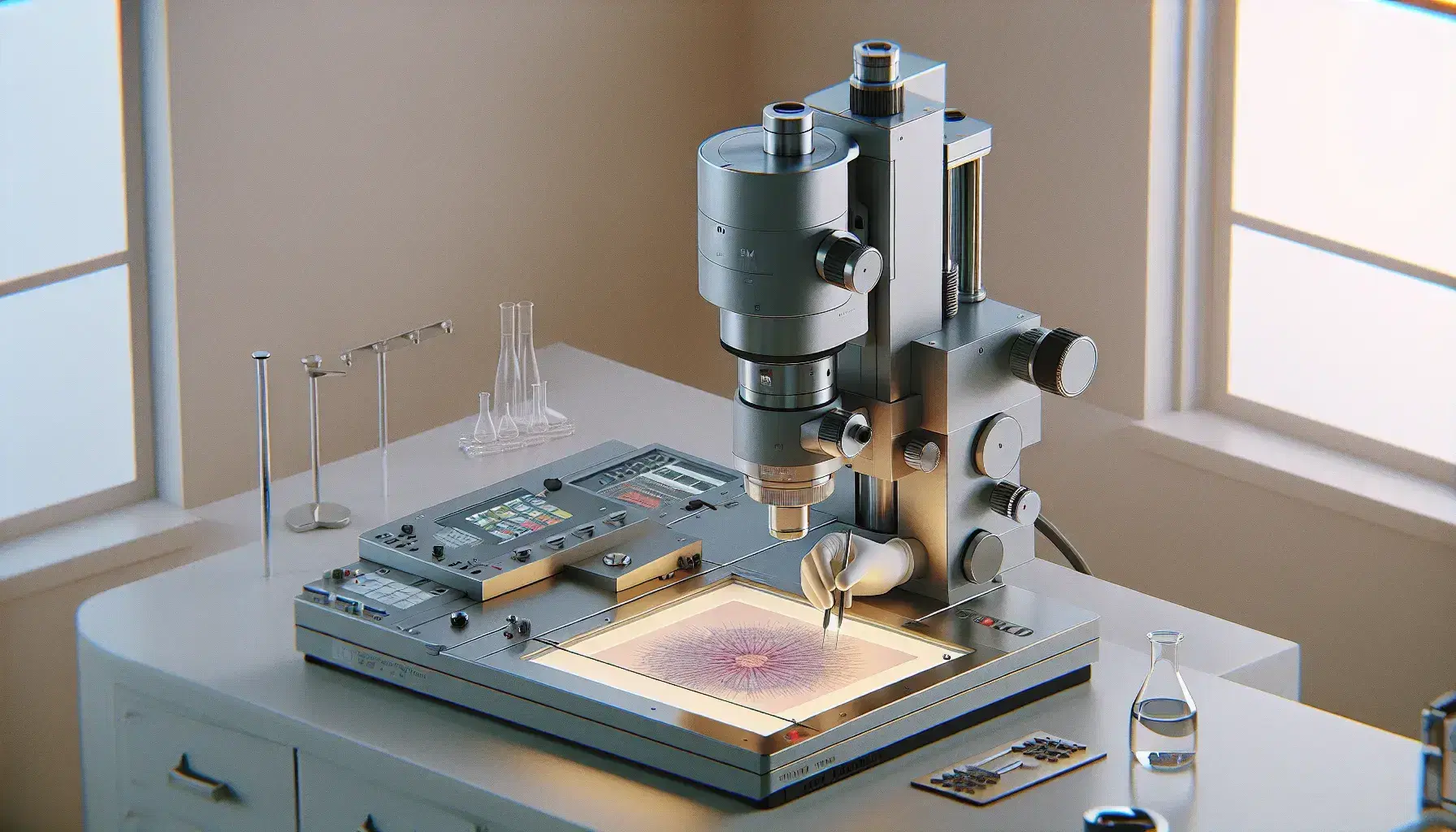 Microscopio elettronico a trasmissione grigio metallico su tavolo da laboratorio con vetrino preparato e mano guantata che regola i comandi.