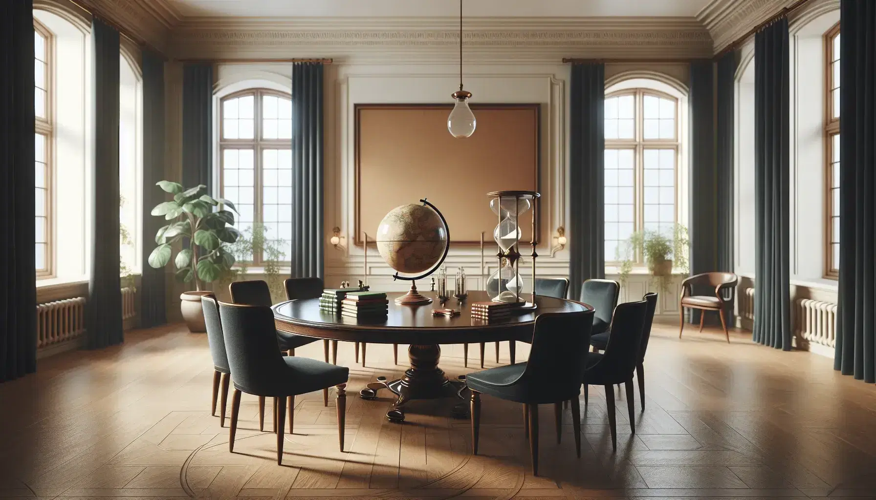 Sala amplia con paredes crema, suelo de madera pulida, mesa ovalada oscura, sillas altas azul oscuro, globo terráqueo, libros y reloj de arena, planta interior y corcho vacío en la pared.