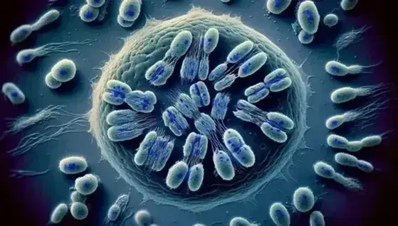 Animal cells in various stages of mitosis, with chromosomes highlighted during metaphase, prophase, anaphase and telophase on a gray gradient background.