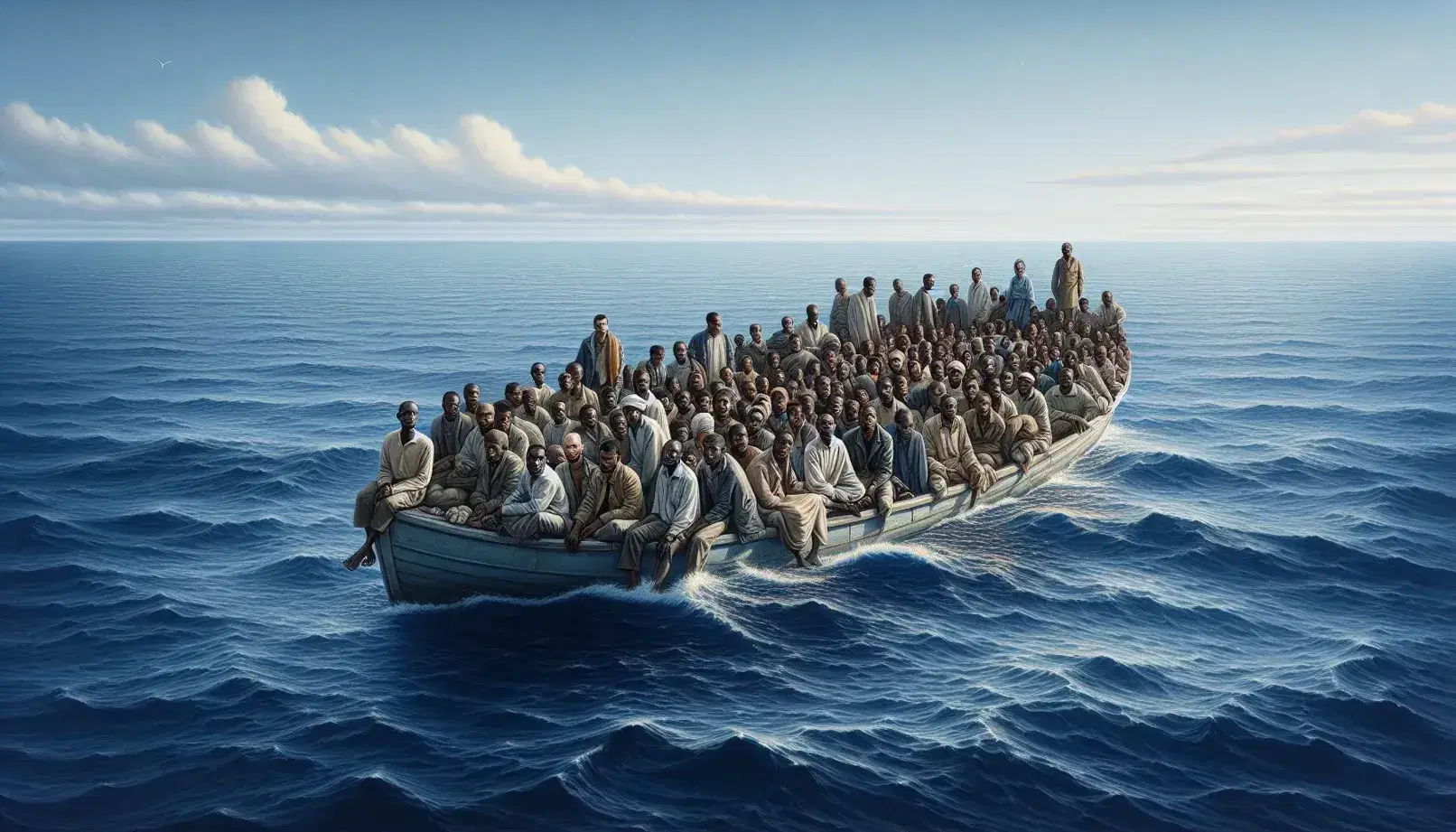 Overcrowded small boat with hopeful and weary diverse passengers on a calm blue ocean, nearing a distant shore under a clear sky.