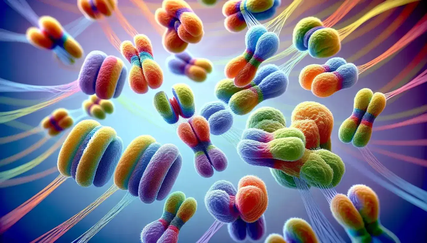 Colorful homologous chromosomes in metaphase of meiosis with spindle fibers extending towards centromeres, highlighting genetic diversity.