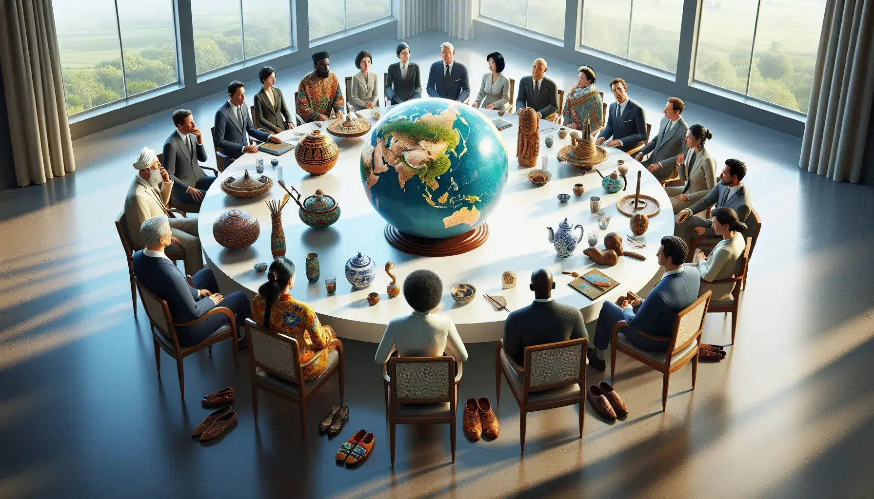 Diverse professionals in formal wear engage in a meeting around a table with a globe and multicultural artifacts in a sunlit room.