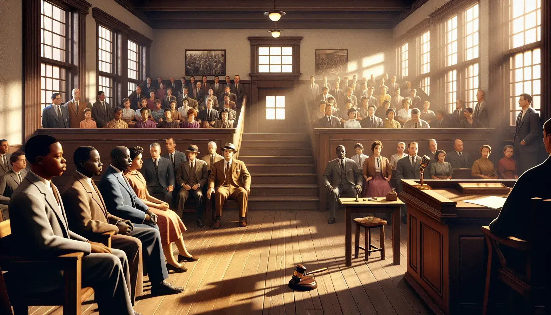 Historical scene in a courtroom during the Civil Rights era, with different people sitting and the judge's bench lit by the sun.
