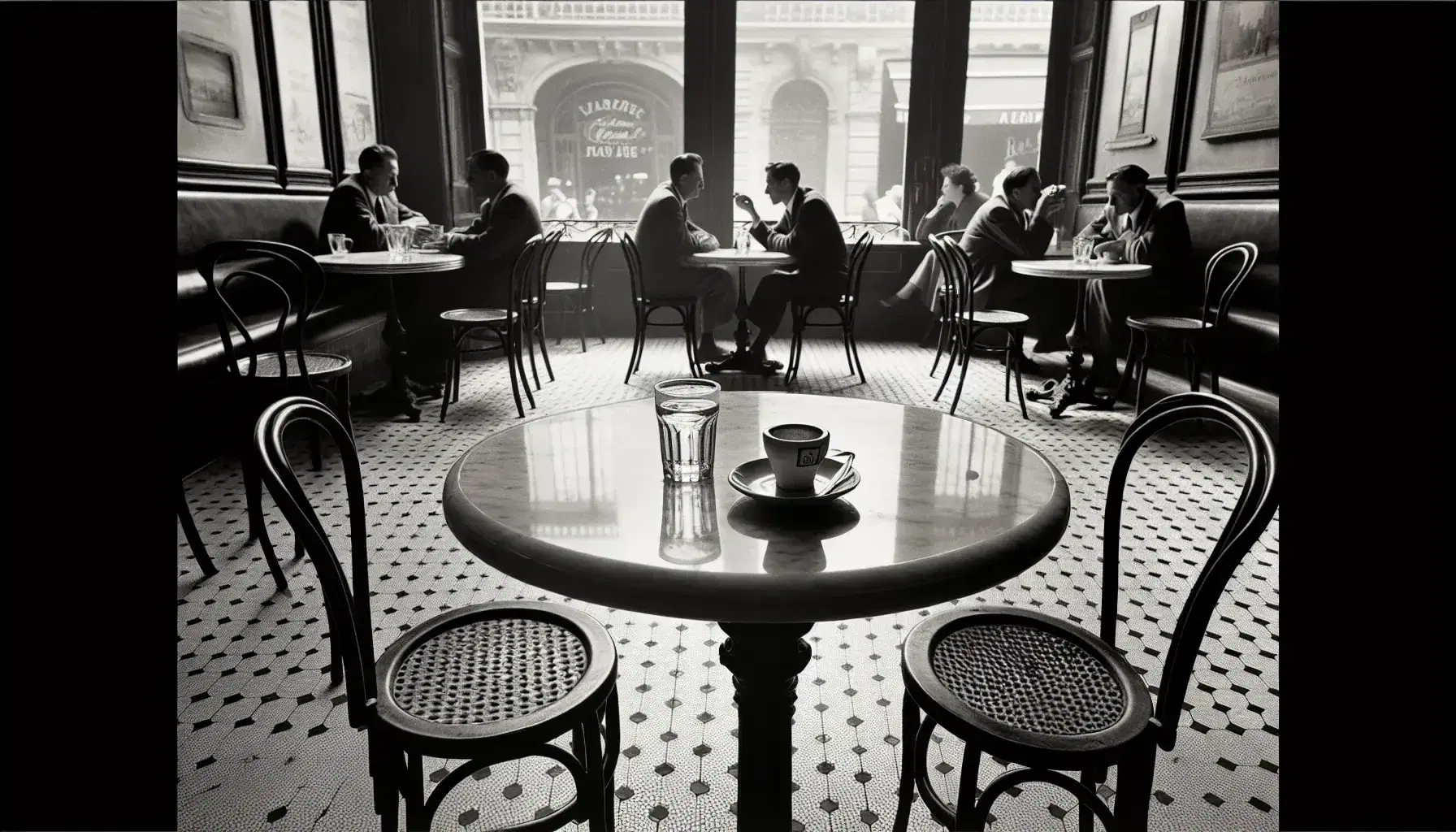 Vintage Parisian café scene with marble-topped table, wrought iron chairs, espresso cup, and patrons in 1950s attire, reflecting a tranquil, bygone era.