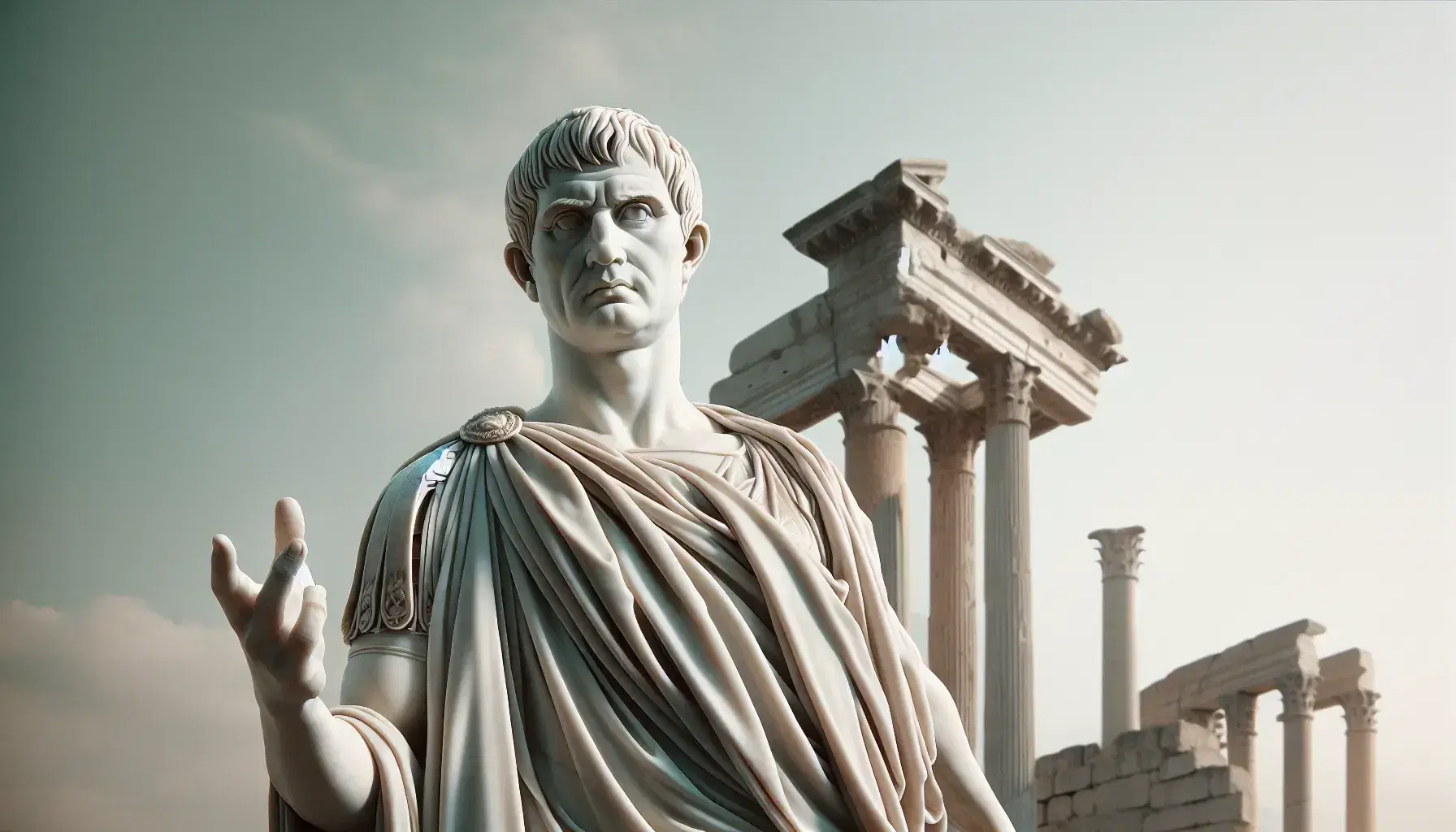 Statua in marmo di Marco Tullio Cicerone in toga con mano alzata e sfondo di colonna romana e statua di Pompeo Magno.