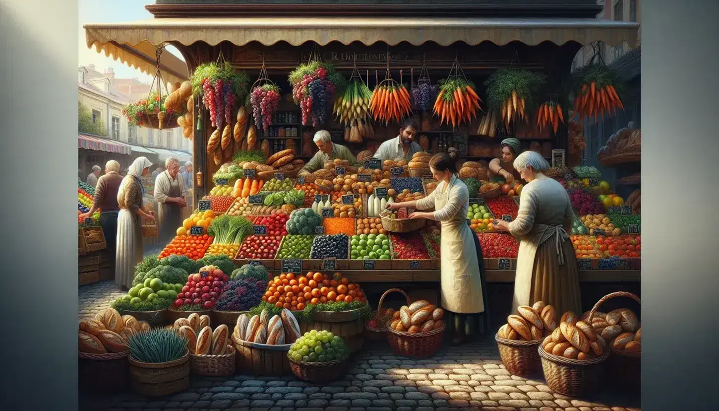 Mercato all'aperto con banco frutta e verdura colorato, cliente e venditore, stand pane dorato e ombrelloni vivaci sotto luce solare.
