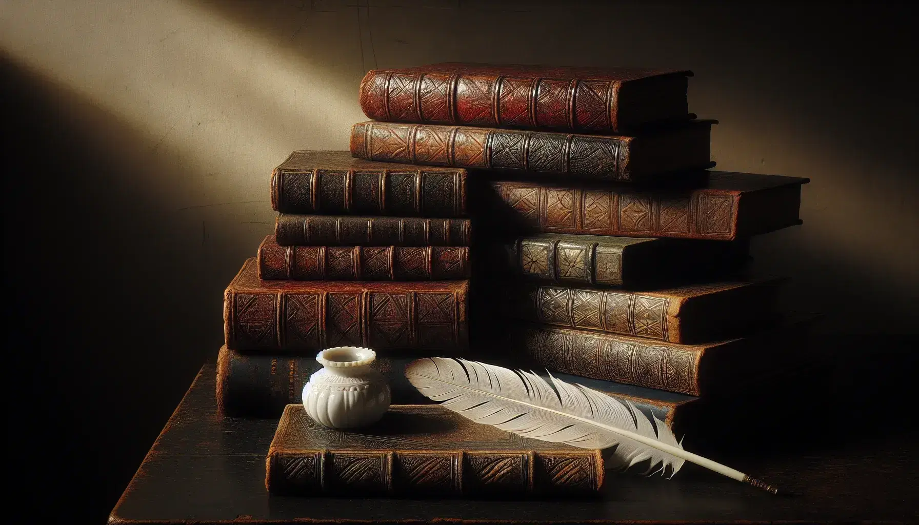 Pila de libros antiguos con tapas de cuero sobre mesa de madera oscura, acompañados de una pluma blanca y tintero de porcelana con bordes dorados.