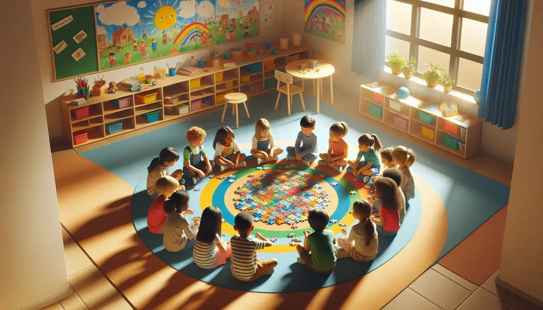 Bambini di diverse etnie collaborano su un puzzle colorato in una classe luminosa, con decorazioni artistiche sulle pareti e giochi educativi sfocati sullo sfondo.