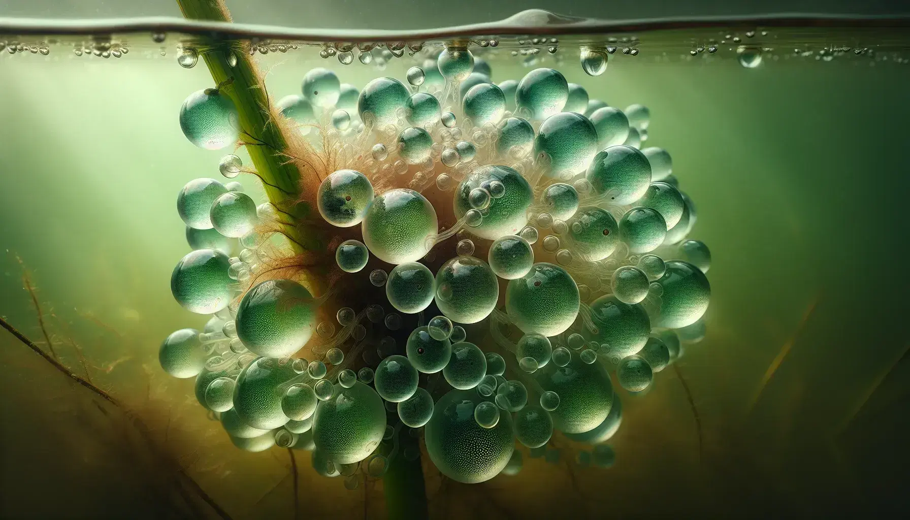 Developing water frog (Rana esculenta) eggs, attached to plant stem underwater, translucent with visible embryos.