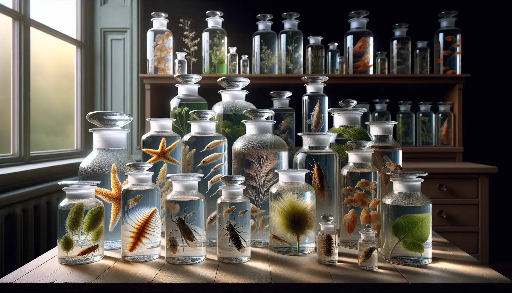 Colección de frascos de vidrio con especímenes biológicos en líquido conservante sobre mesa de madera, incluyendo estrella de mar, pez y hojas verdes.