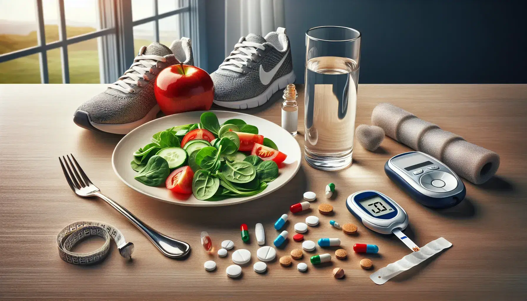 Mesa de madera con ensalada verde, manzana roja, medidor de glucosa, zapatillas deportivas y botella de pastillas, simbolizando hábitos saludables y control de diabetes tipo 2.
