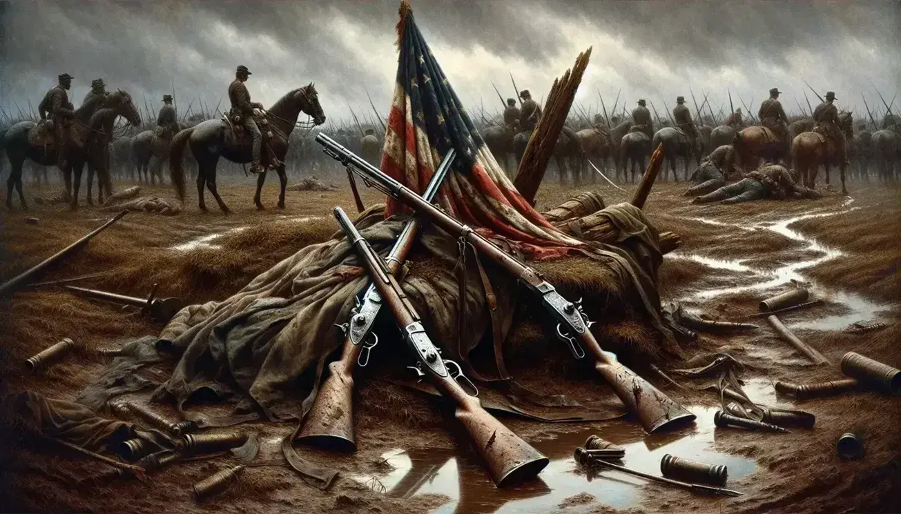 Civil War battlefield aftermath with crossed rifles, a tattered flag on a broken pole, riderless horses, and a blurred encampment under a gray sky.