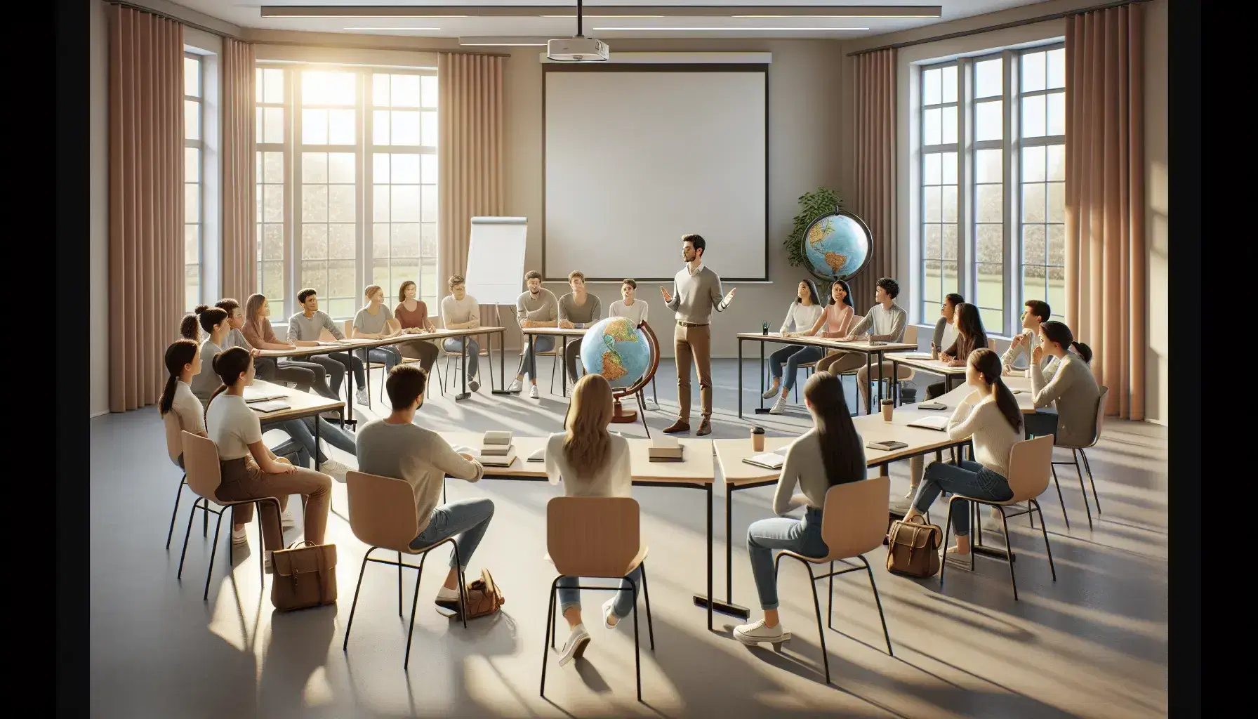 Grupo diverso de estudiantes participando en clase con educador, aula iluminada con globo terráqueo y pizarra blanca al fondo.