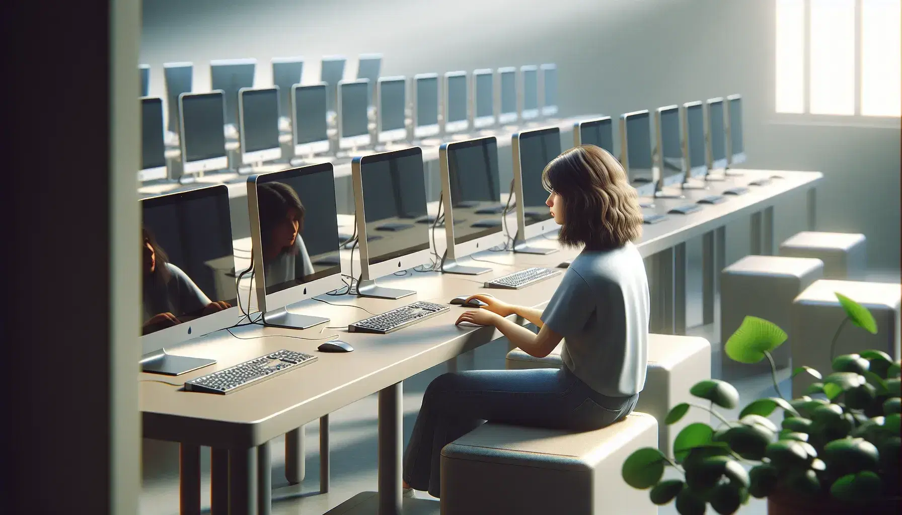Modern computer lab with silver computers, Middle Eastern woman concentrating on the PC, green plant and minimalist furniture.