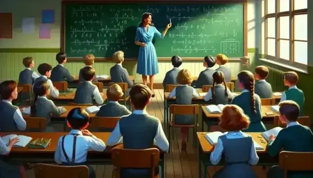 Insegnante donna spiega lezione a studenti attenti in aula scolastica con banchi in legno e lavagna verde vuota.