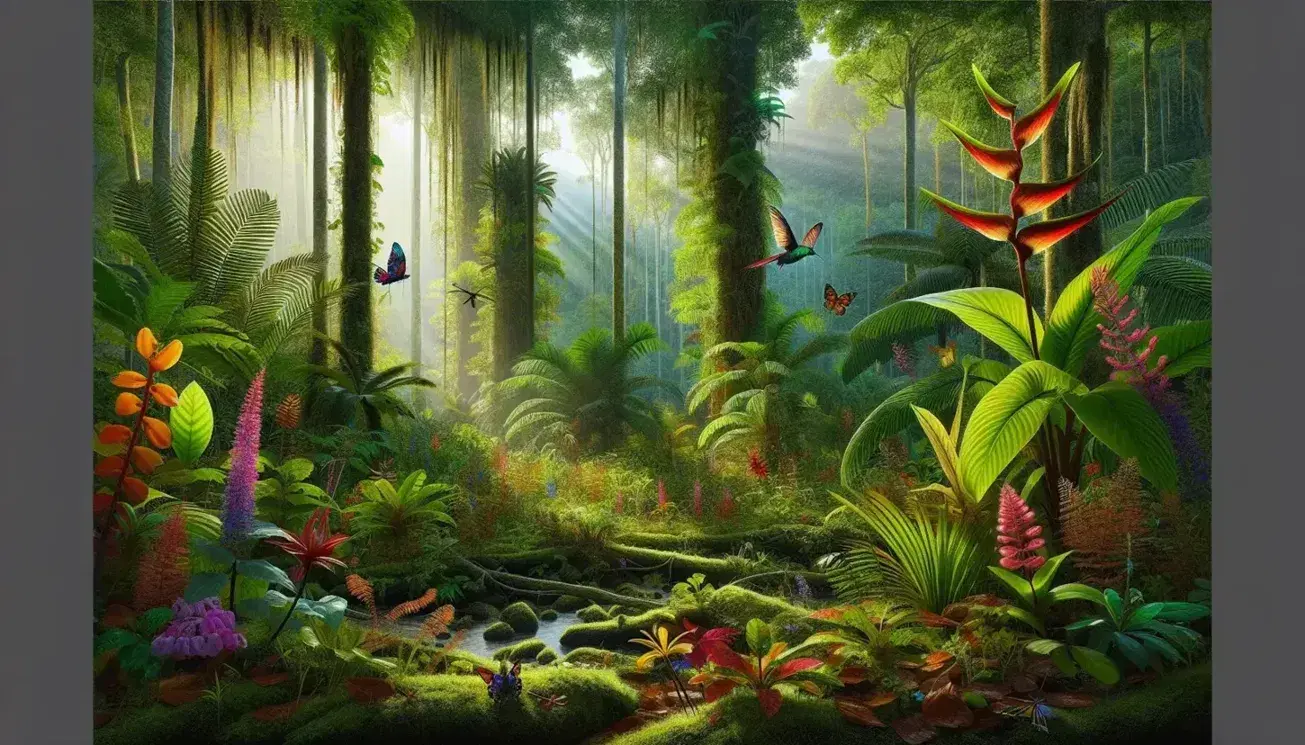 Bosque tropical exuberante con plantas de hojas verdes, flores coloridas, mariposas multicolores, colibrí iridiscente y arroyo serpenteante.