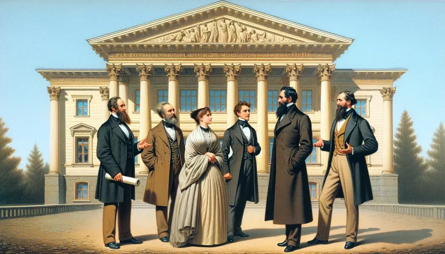 Grupo de cinco personas vestidas de época del siglo XIX frente a edificio neoclásico con columnas y cielo azul, destacando un hombre con sombrero de copa y una mujer con chal oscuro.