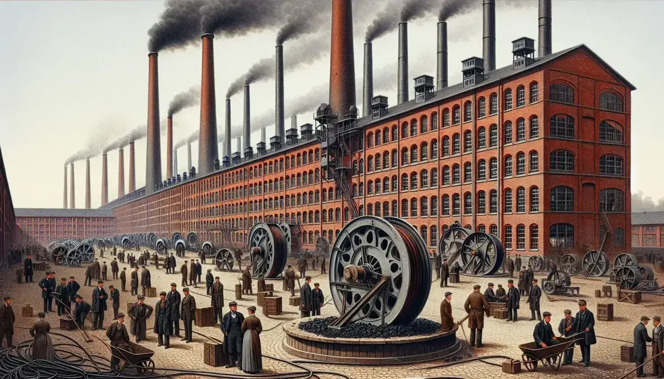 Fabbrica industriale d'epoca con camini fumanti, operai in attività, ingranaggio metallico arrugginito e pezzi di carbone a terra.