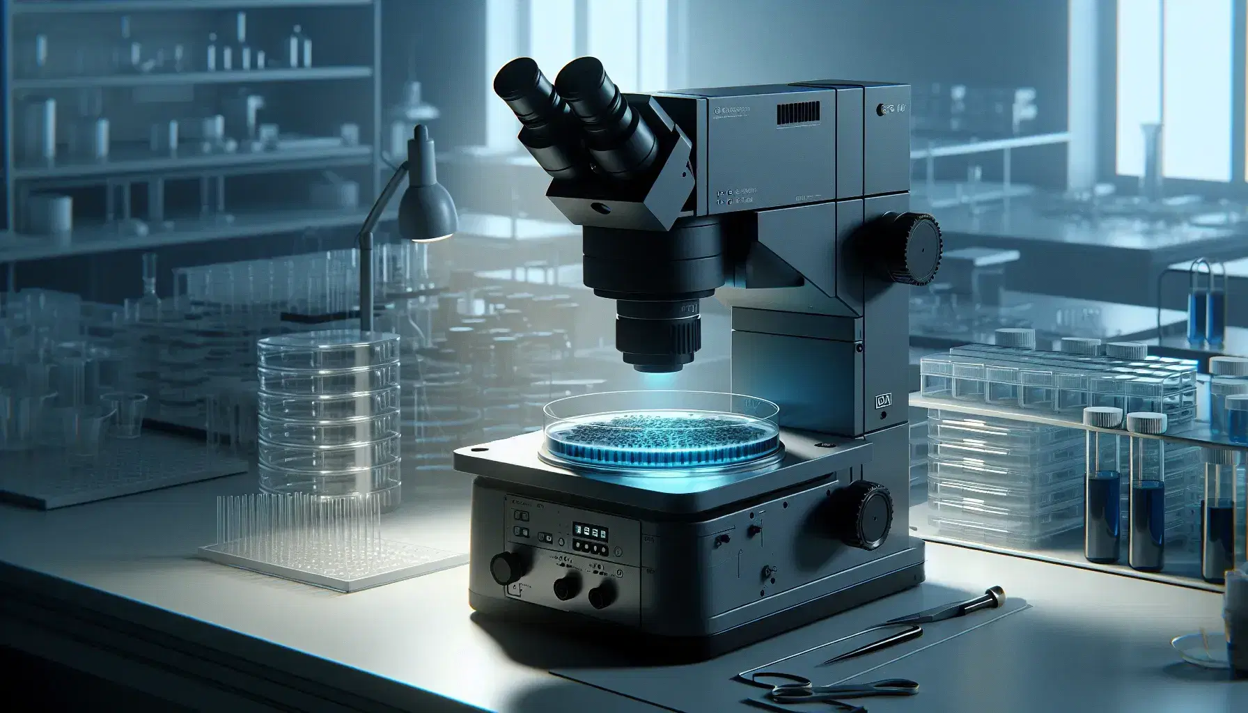 Microscopio elettronico a trasmissione grigio scuro su tavolo da laboratorio con piastra Petri e gel elettroforetico con bande di DNA illuminate da luce UV.