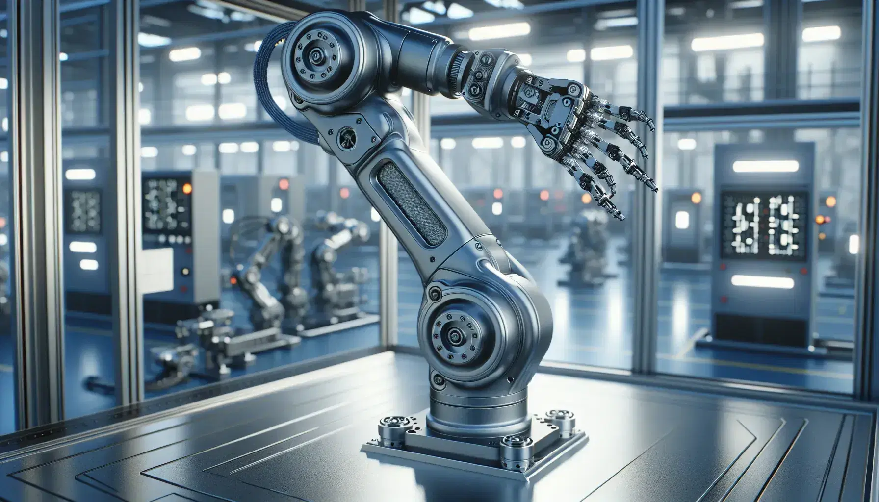 Braccio robotico industriale grigio metallico con articolazioni e pinza a tre dita in ambiente industriale sfocato.