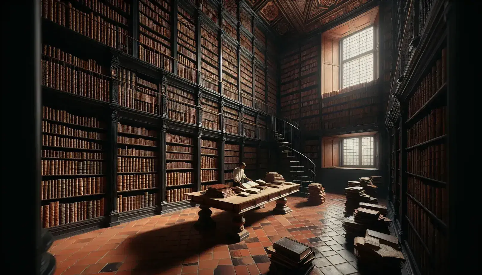 Biblioteca clásica con estanterías de madera oscura llenas de libros encuadernados en cuero, mesa central con tomos abiertos, escalera de caracol y figura humana leyendo.