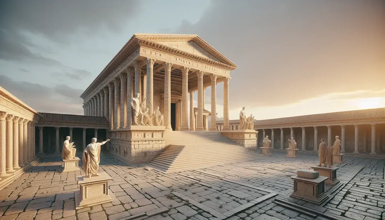 Ricostruzione di un foro romano al tramonto con colonne corinzie, statue in marmo, tempio dorico e tabula ansata senza iscrizioni.