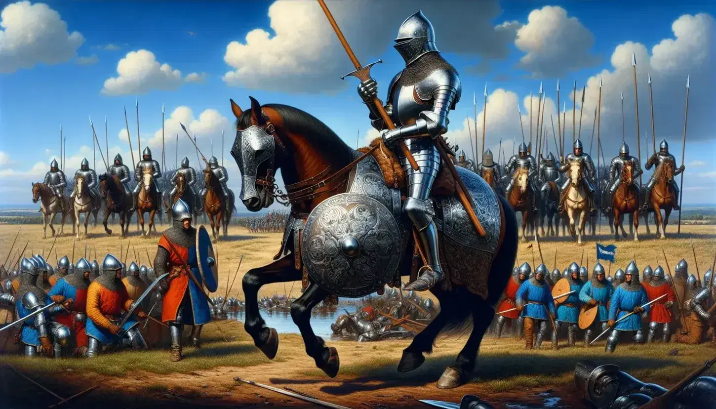 Escena de batalla medieval con caballero armado a caballo, soldados con armaduras y túnicas coloridas, armas variadas y escudos, bajo cielo azul.