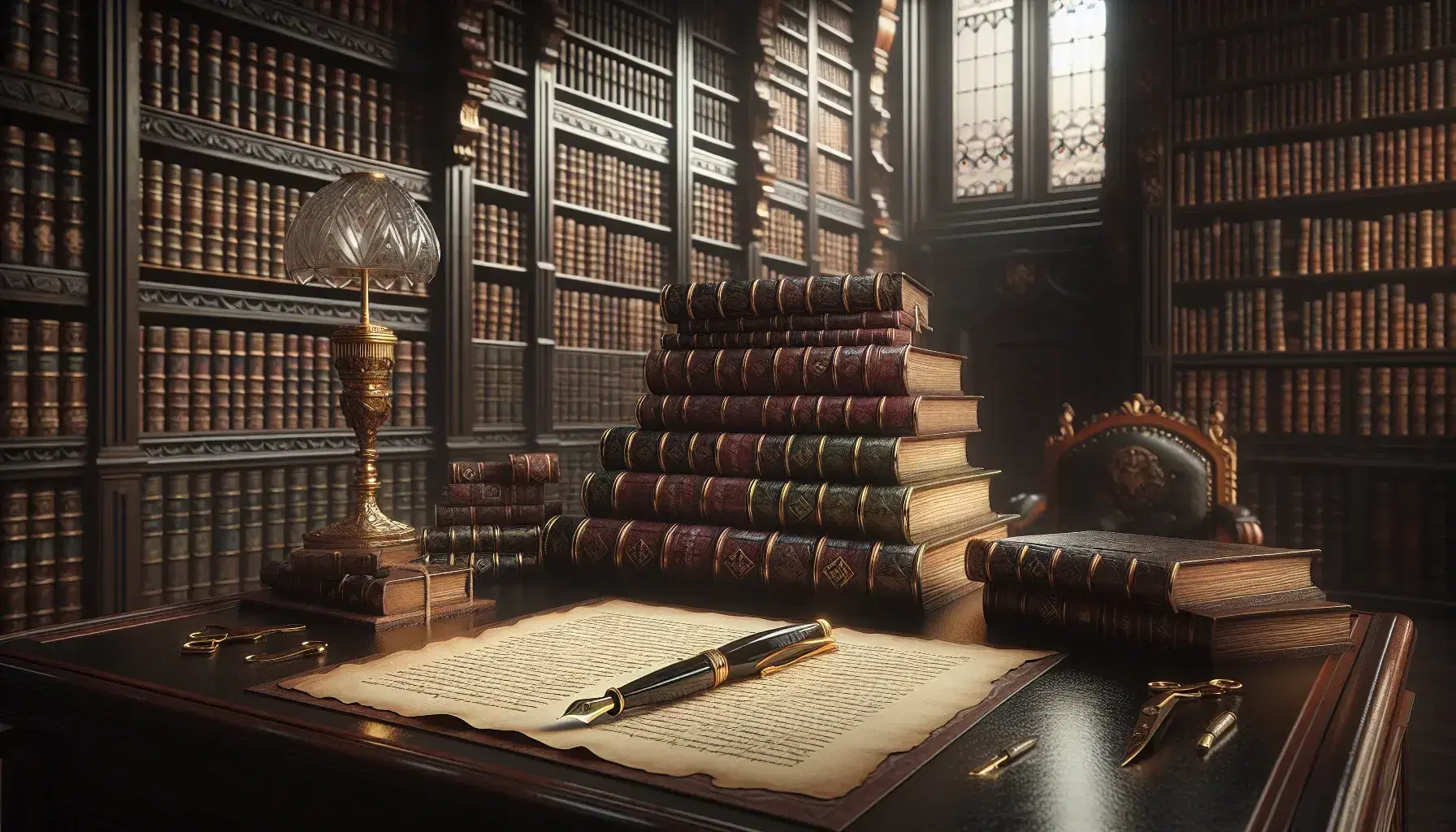 Antica biblioteca con scrivania in legno scuro, libri rilegati, penna stilografica e carta ingiallita, scaffali colmi di volumi e luce soffusa.