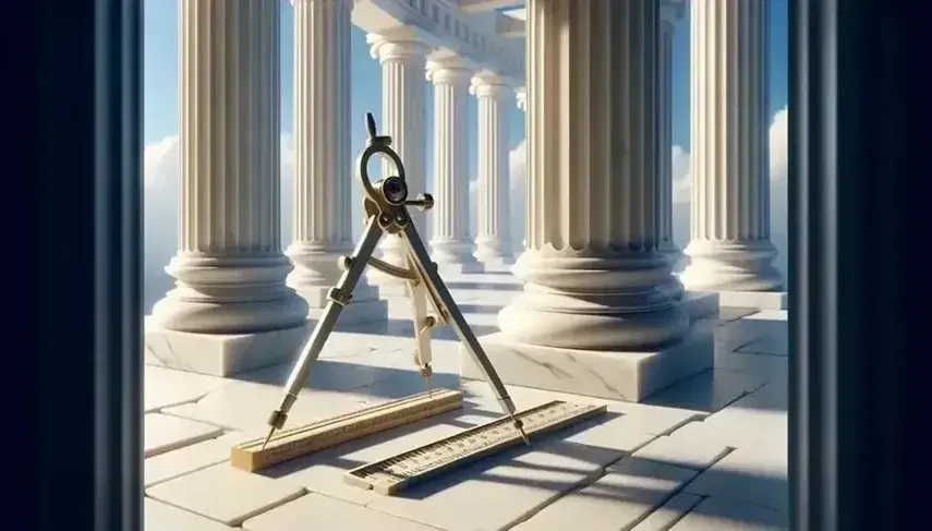 White marble Doric columns of an ancient Greek temple with brass compass and wooden ruler on stone slab, blue sky in background.