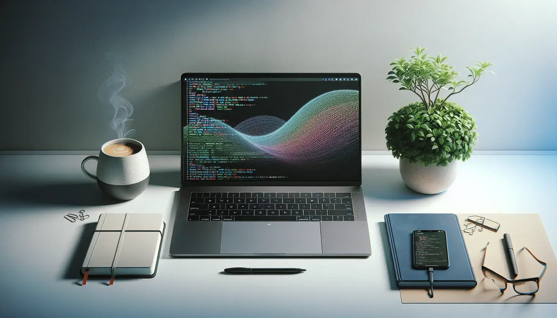 Modern workspace for programming with silver laptop, cup of coffee, green plant and glasses on white desk and gray wall.