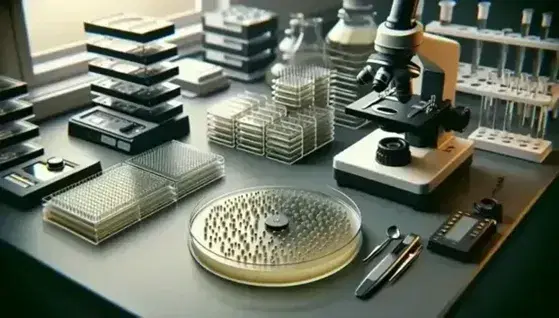 Science laboratory with microscope, slides, multi-well plate, digital pipette and centrifuge in background, on tidy workbench.