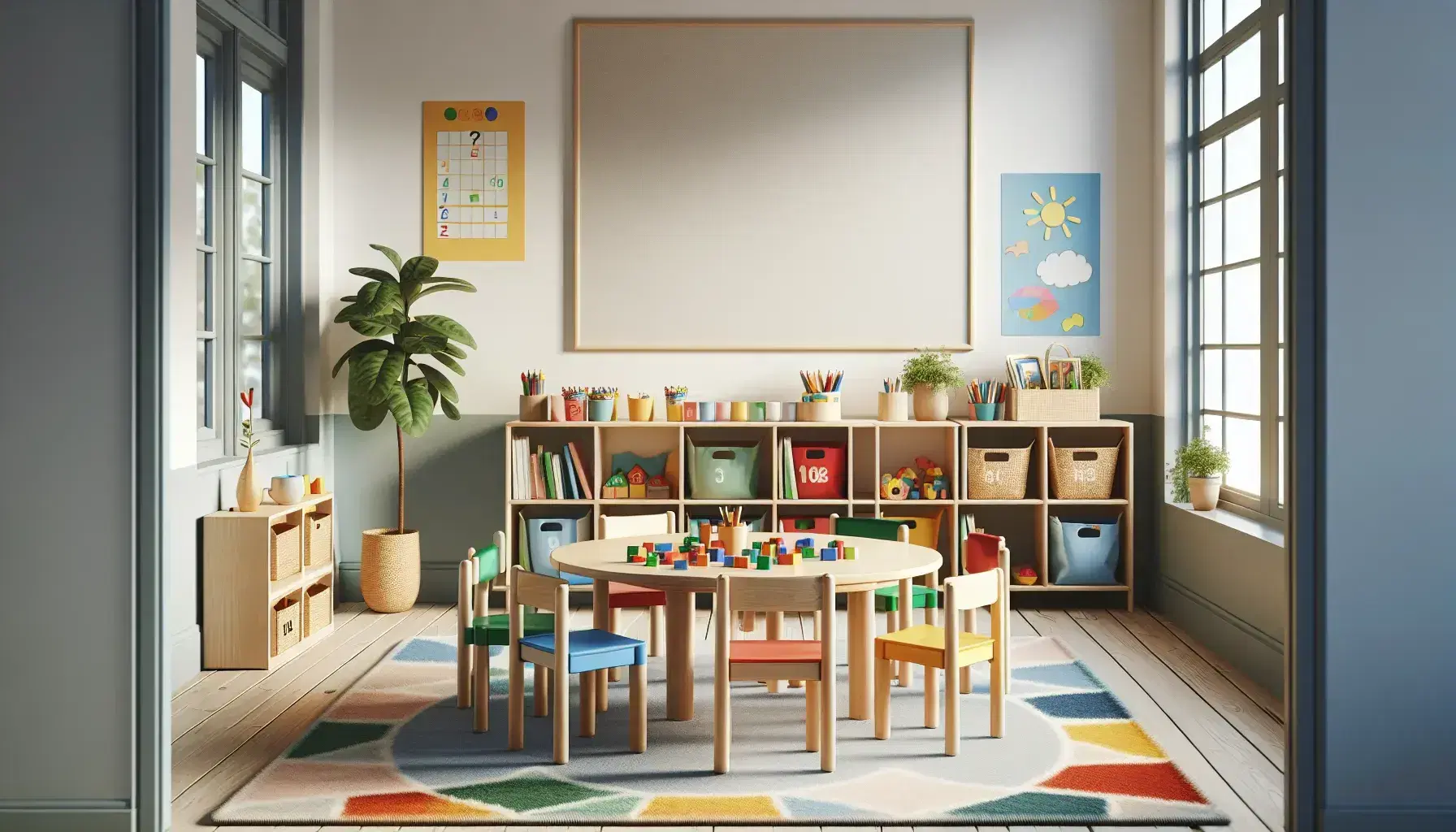 Aula infantil luminosa con mesa redonda de madera, sillas de colores, bloques de construcción, rompecabezas y crayones, junto a estantería con libros y planta verde.