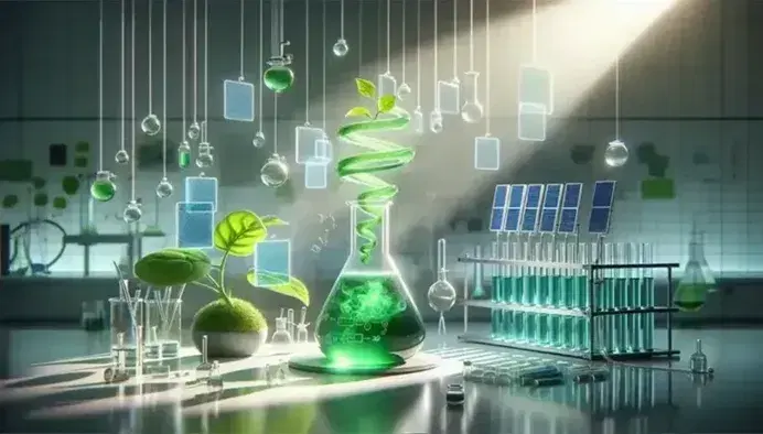 Laboratory with flask containing swirling green liquid under simulated solar light beam, blue solar panels and plant on the left.
