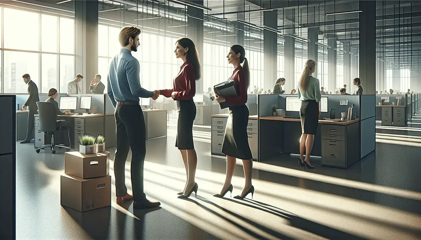 Diverse office team actively engaged, with two colleagues shaking hands and another carrying a box, amidst cubicles and computers in a well-lit space.