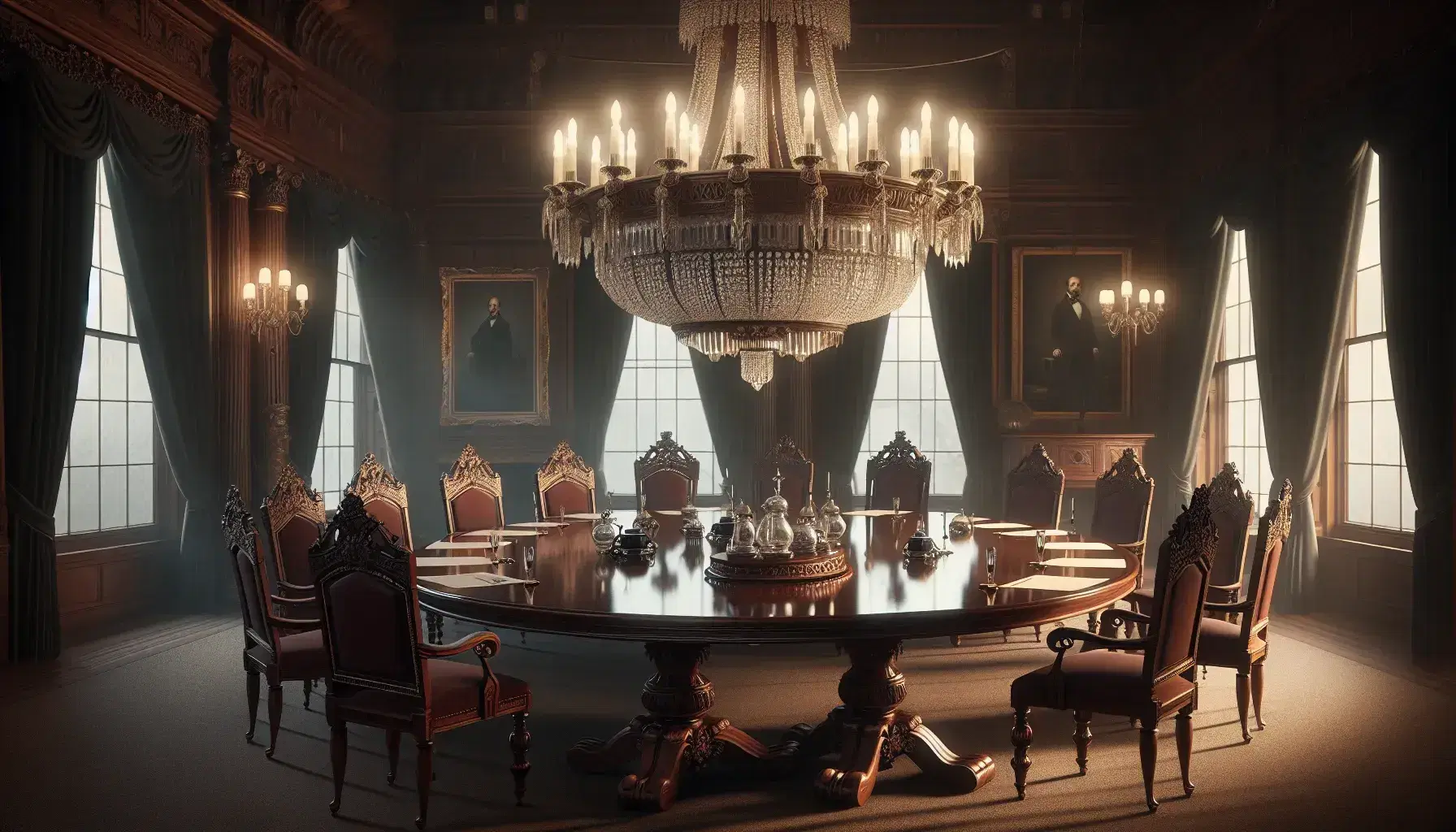 Elegant 19th-century political meeting room with a large mahogany table, high-backed burgundy chairs, ornate chandelier, and a marble fireplace.