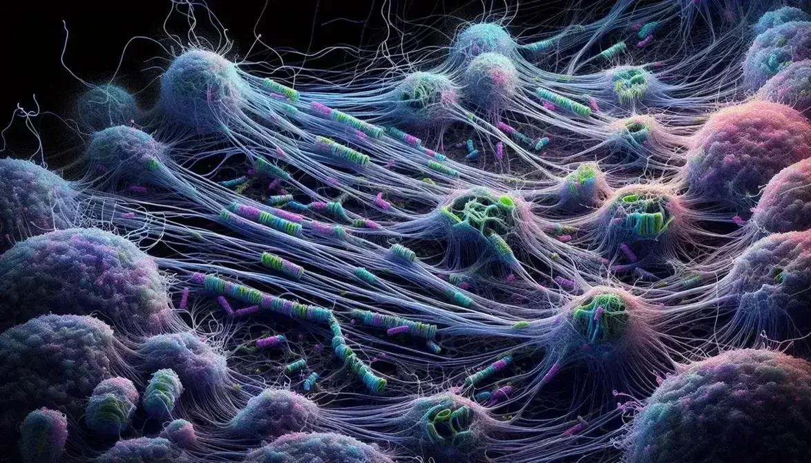 Vista microscópica de células destacando el citoesqueleto con filamentos entrecruzados en tonos azules, verdes y rosas por técnica de fluorescencia.