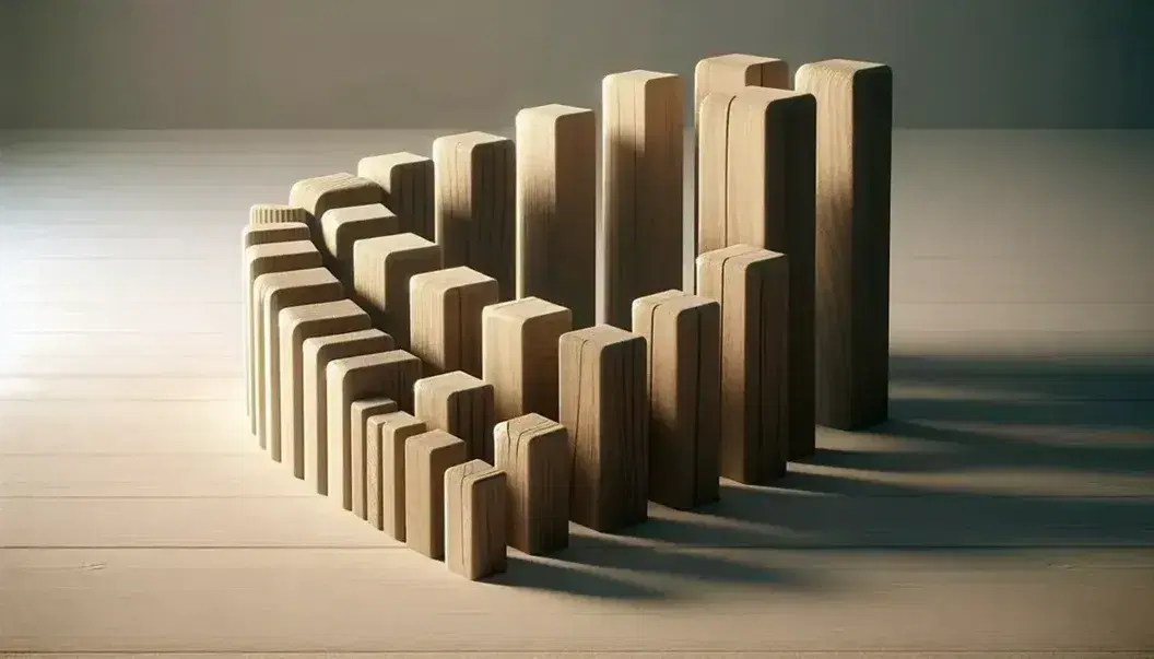 Bloques de madera en gradiente formando una curva simétrica sobre superficie lisa, con el bloque más alto al centro y sombras suaves detrás.