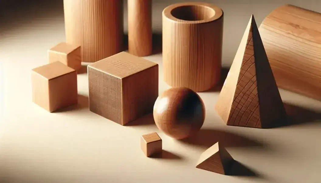 Colección de sólidos geométricos de madera sobre superficie clara, incluyendo un cubo, esfera pulida, cilindro, cono y tetraedro, con texturas y sombras suaves.