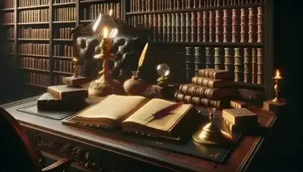 Vintage library with a carved desk, oil lamp, open book, inkwell with quill, and tall bookshelves filled with leather-bound books, beside a red velvet armchair.