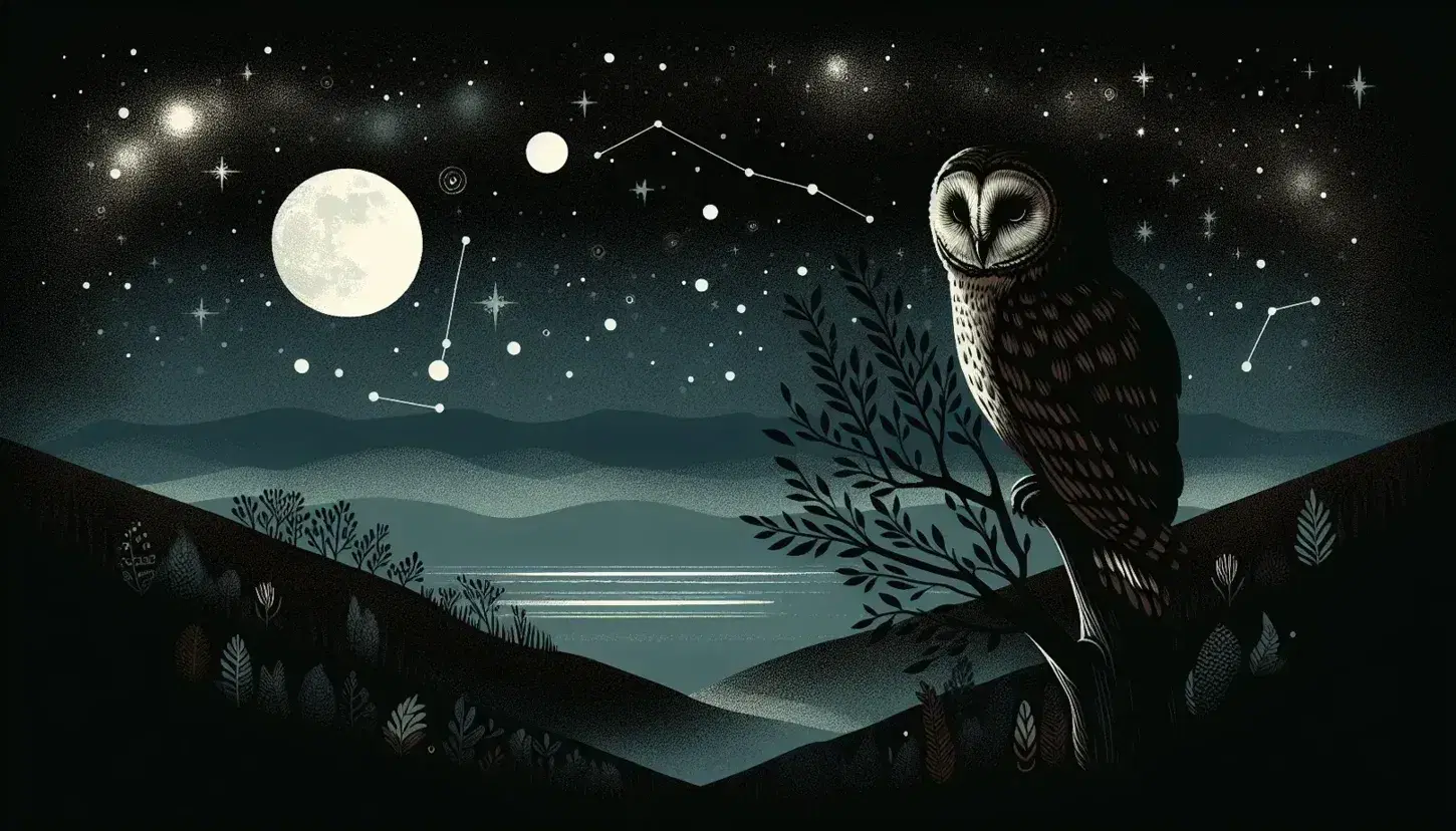 Cielo nocturno estrellado sobre siluetas de colinas con búho posado en rama, ojos abiertos y luna iluminando su plumaje.