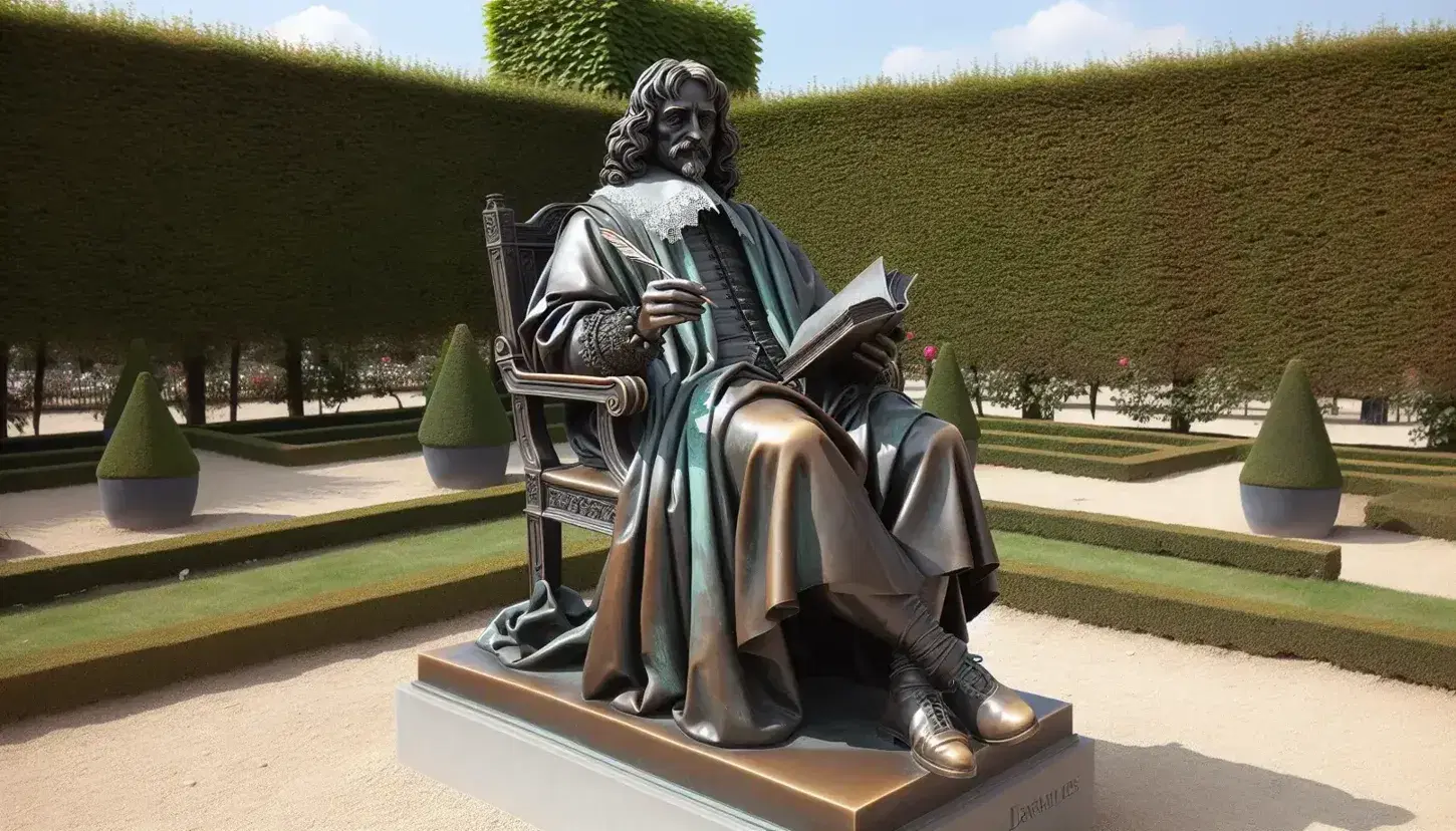 Escultura de bronce de René Descartes sentado, con pluma y libro, en un jardín con setos y cielo azul, destacando texturas y sombras suaves.